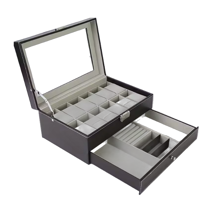 Boîte de Rangement 12 Montres – Coffret Verrouillable avec Tiroir Bijoux